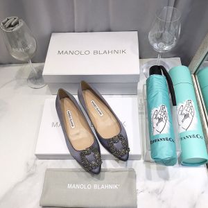 Manolo Blahnik Hangisi Flats Satin With Gunmetal Crystal Buckle Grey