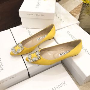 Manolo Blahnik Hangisi Flats Satin With White Crystal Buckle Yellow