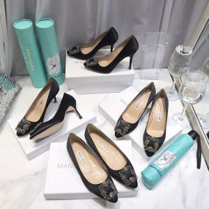 Manolo Blahnik Hangisi Pumps Satin With Gunmetal Crystal Buckle Black