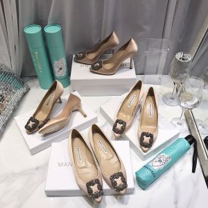 Manolo Blahnik Hangisi Pumps Satin With Gunmetal Crystal Buckle Khaki