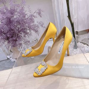 Manolo Blahnik Hangisi Pumps Satin With Gray Crystal Square Buckle Yellow
