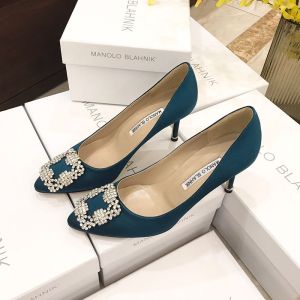 Manolo Blahnik Hangisi Pumps Satin With White Crystal Square Buckle Blue