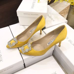 Manolo Blahnik Hangisi Pumps Satin With White Crystal Square Buckle Yellow