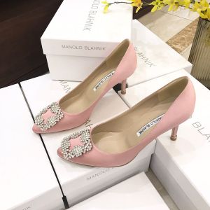 Manolo Blahnik Hangisi Pumps Satin With White Crystal Square Buckle Pink