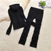 Juicy Couture Check Motif Velour Tracksuits 7405 2pcs Women Suits Black