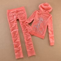 Juicy Couture Studded JC Logo Crown Velour Tracksuits 8605 2pcs Women Suits Pink