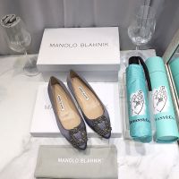 Manolo Blahnik Hangisi Flats Satin With Gunmetal Crystal Buckle Grey