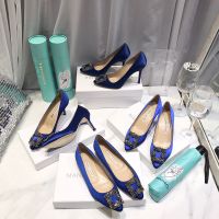 Manolo Blahnik Hangisi Pumps Satin With Gunmetal Crystal Buckle Blue
