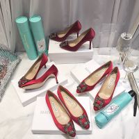Manolo Blahnik Hangisi Pumps Satin With Gunmetal Crystal Buckle Burgundy