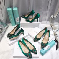 Manolo Blahnik Hangisi Pumps Satin With Gunmetal Crystal Buckle Green
