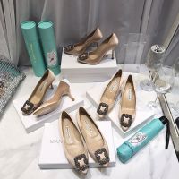 Manolo Blahnik Hangisi Pumps Satin With Gunmetal Crystal Buckle Khaki