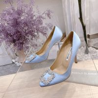 Manolo Blahnik Hangisi Pumps Satin With Grey Crystal Square Buckle Grey