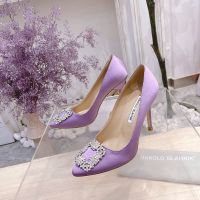 Manolo Blahnik Hangisi Pumps Satin With Gray Crystal Square Buckle Purple
