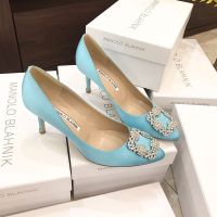 Manolo Blahnik Hangisi Pumps Satin With White Crystal Square Buckle Sky Blue