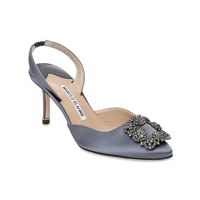 Manolo Blahnik Hangisli Slingback Pumps Satin With Jewel Buckle Grey
