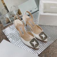 Manolo Blahnik Hangisli Slingback Pumps Satin With Jewel Buckle White
