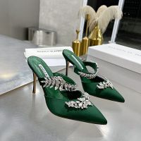 Manolo Blahnik Lurum Mules Satin With Crystal Embellished Green
