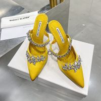 Manolo Blahnik Lurum Mules Satin With Crystal Embellished Yellow