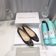 Manolo Blahnik Hangisi Flats Satin With Gunmetal Crystal Buckle Black