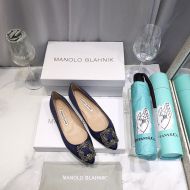 Manolo Blahnik Hangisi Flats Satin With Gunmetal Crystal Buckle Navy Blue
