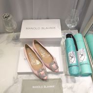 Manolo Blahnik Hangisi Flats Satin With Gunmetal Crystal Buckle Red