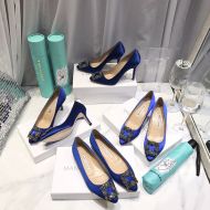 Manolo Blahnik Hangisi Pumps Satin With Gunmetal Crystal Buckle Blue