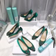 Manolo Blahnik Hangisi Pumps Satin With Gunmetal Crystal Buckle Green