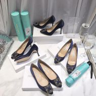 Manolo Blahnik Hangisi Pumps Satin With Gunmetal Crystal Buckle Navy Blue
