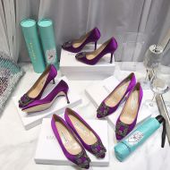 Manolo Blahnik Hangisi Pumps Satin With Gunmetal Crystal Buckle Purple