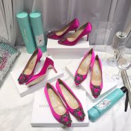 Manolo Blahnik Hangisi Pumps Satin With Gunmetal Crystal Buckle Rose Red