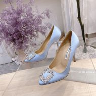 Manolo Blahnik Hangisi Pumps Satin With Grey Crystal Square Buckle Grey
