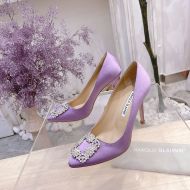 Manolo Blahnik Hangisi Pumps Satin With Gray Crystal Square Buckle Purple