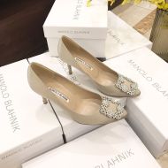 Manolo Blahnik Hangisi Pumps Satin With White Crystal Square Buckle Apricot