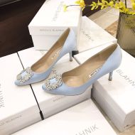 Manolo Blahnik Hangisi Pumps Satin With White Crystal Square Buckle Grey