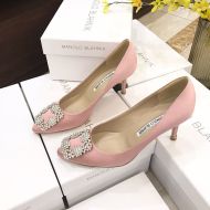 Manolo Blahnik Hangisi Pumps Satin With White Crystal Square Buckle Pink