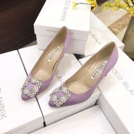 Manolo Blahnik Hangisi Pumps Satin With White Crystal Square Buckle Purple