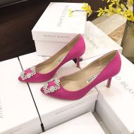 Manolo Blahnik Hangisi Pumps Satin With White Crystal Square Buckle Rose