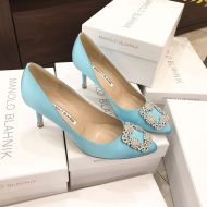 Manolo Blahnik Hangisi Pumps Satin With White Crystal Square Buckle Sky Blue