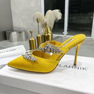 Manolo Blahnik Lurum Mules Satin With Crystal Embellished Yellow